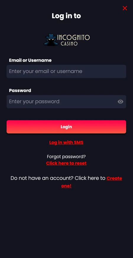 Incognito Casino login form with email and password fields