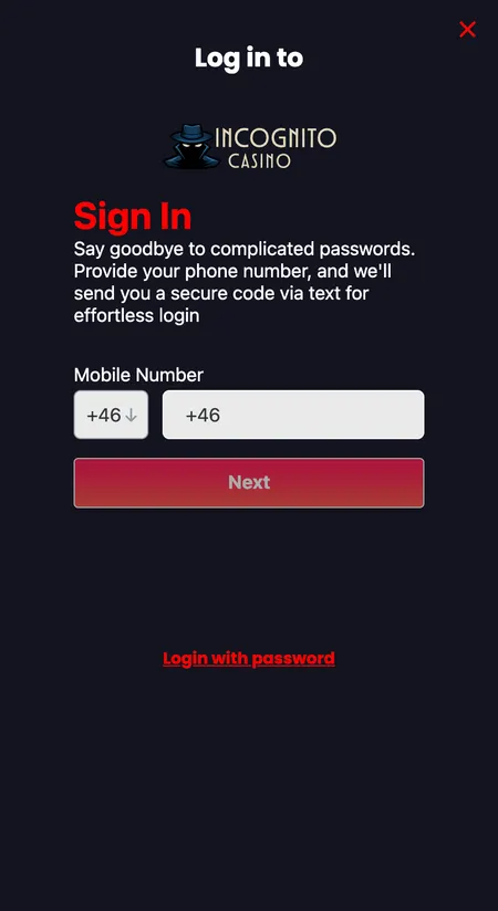 SMS login screen showing country code and phone number
