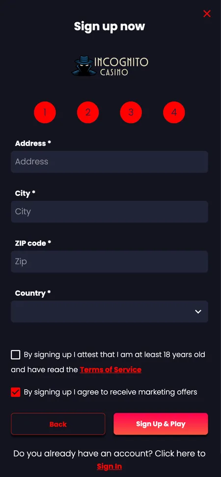 Registration step 4: address and terms acceptance