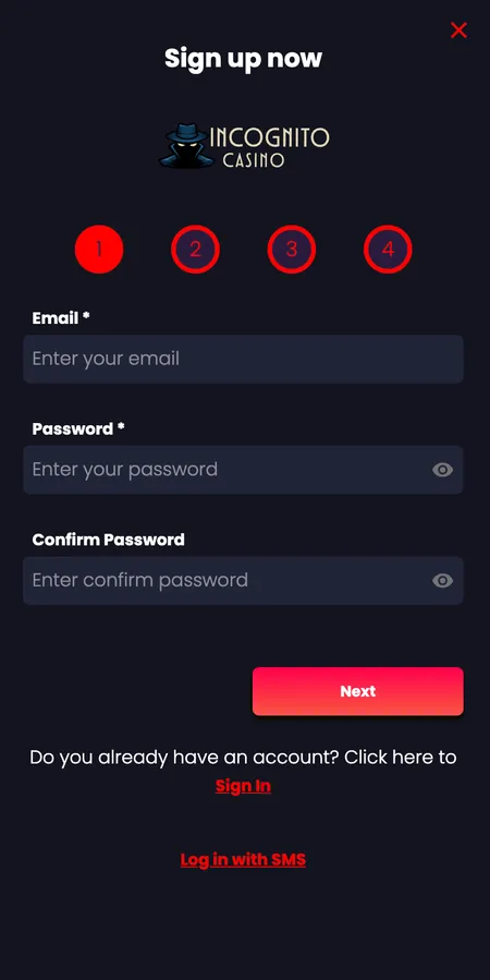 Registration step 1: email and password form